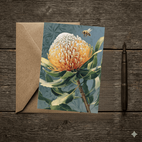 A 5x7 folded greeting card displaying an intricate watercolor illustration of an Australian native golden Banksia cone with a small honeybee flying above it. The left panel features a textured cream background with a gold ink Willow and Wag Australia logo.