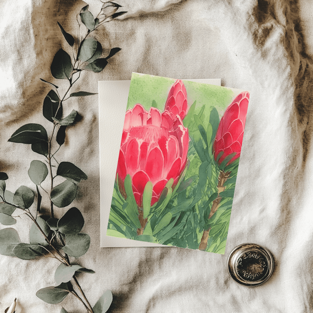 Blank Pink Protea Watercolor Greeting Card | Premium Australian Native Floral Note Card - Willow and Wag
