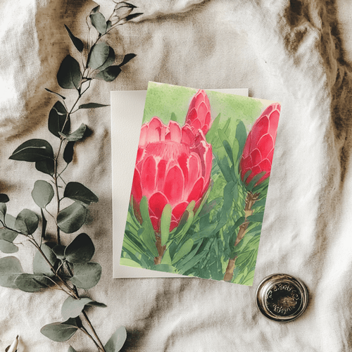 Blank Pink Protea Watercolor Greeting Card | Premium Australian Native Floral Note Card - Willow and Wag