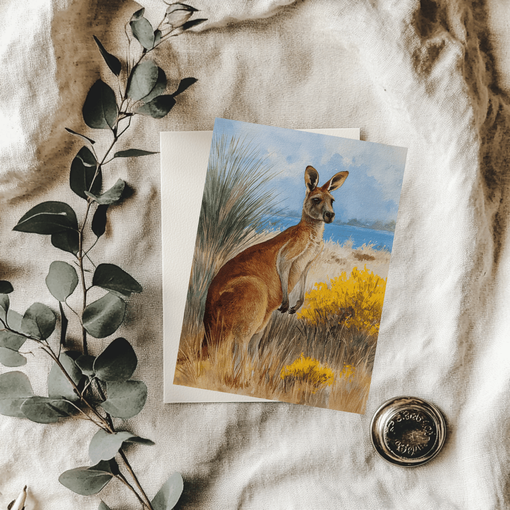 Greeting card with a kangaroo illustration on a textured fabric background