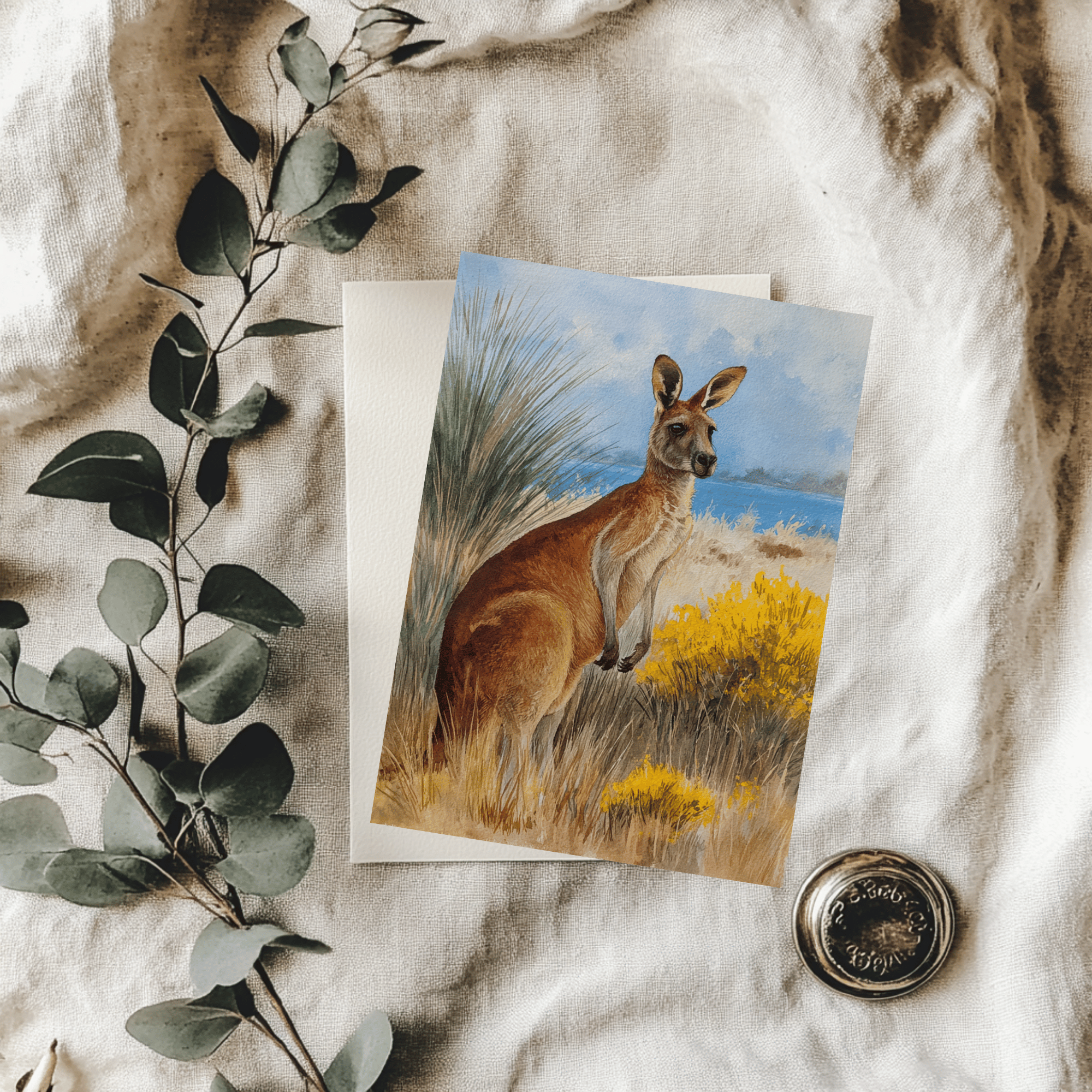 Greeting card with a kangaroo illustration on a textured fabric background