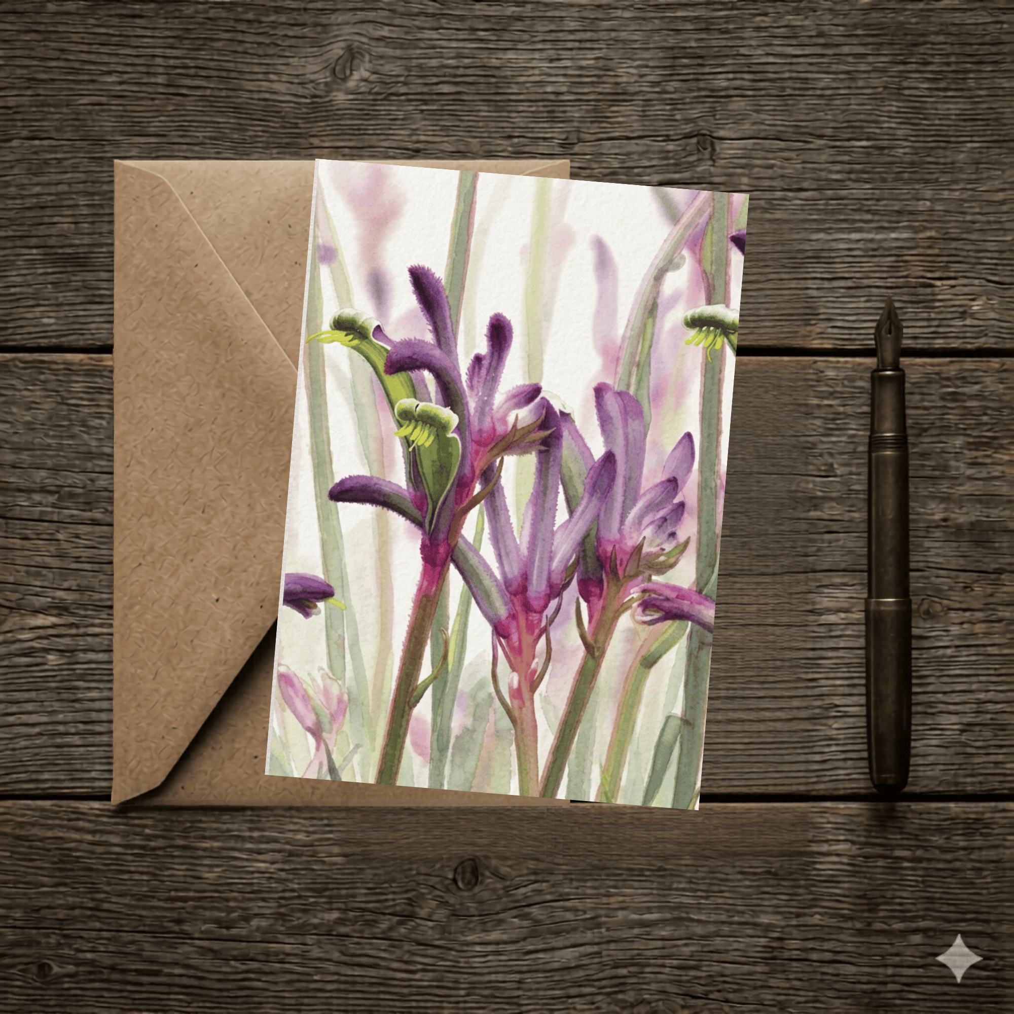 Greeting card with floral design on a wooden surface