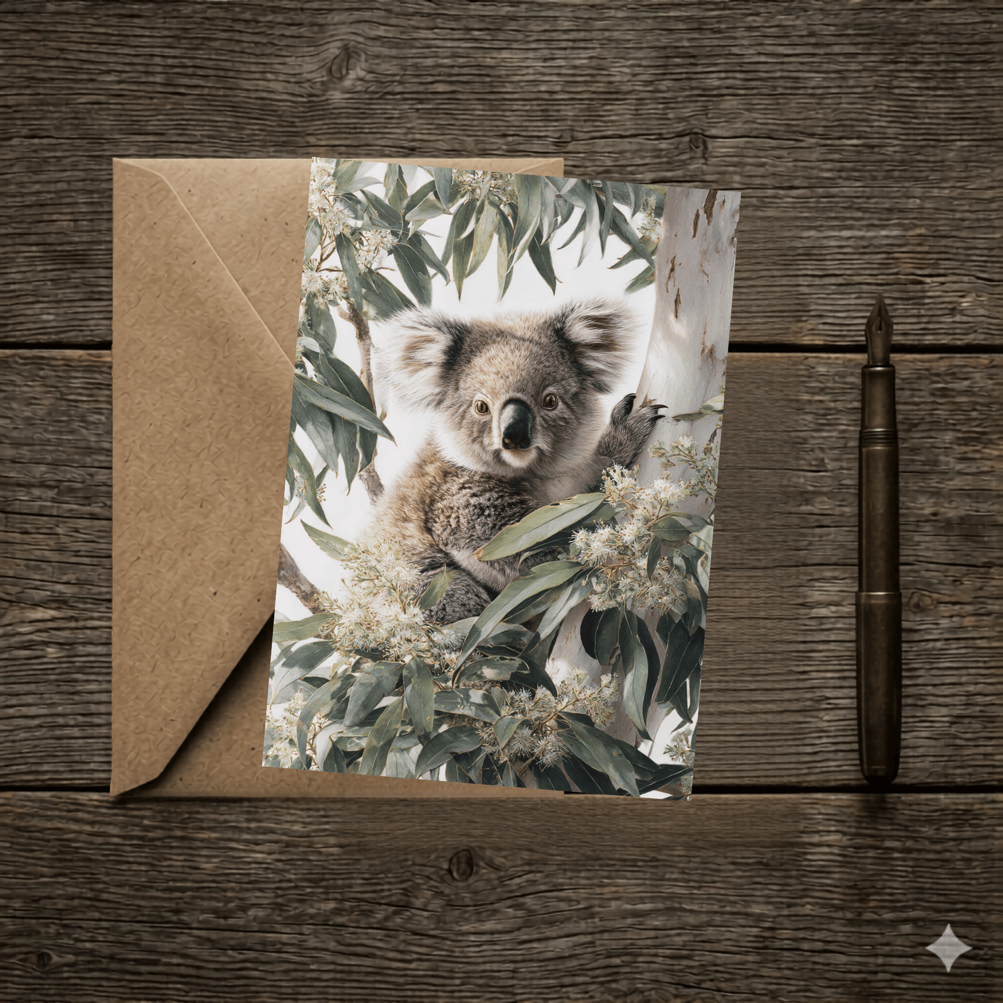 A 5x7 folded greeting card featuring a detailed watercolor painting of a fluffy koala sitting in a white gum tree surrounded by green eucalyptus leaves and white blossoms. The left panel shows a textured off-white finish with the gold ink Willow and Wag Australia logo.
