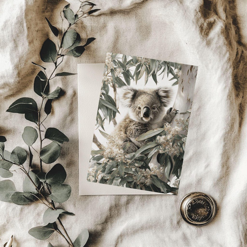 Print of a koala surrounded by eucalyptus leaves on a textured fabric background