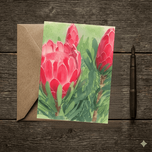 Blank Pink Protea Watercolor Greeting Card | Premium Australian Native Floral Note Card - Willow and Wag