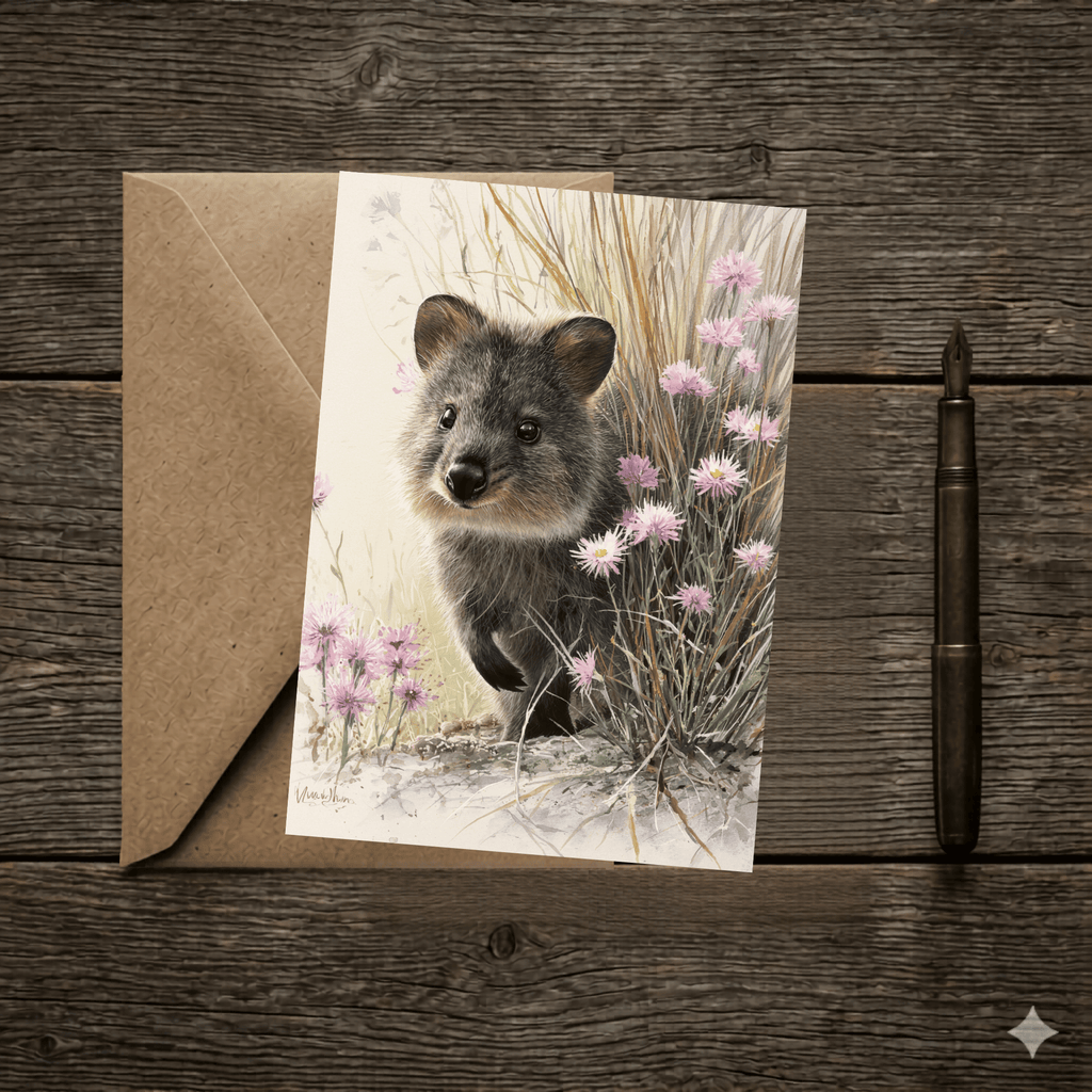 A 5x7 folded greeting card featuring a charming watercolor painting of a smiling quokka lifting its paw among pink daisy wildflowers. The artwork softly fades out into a clean cream-colored background with the gold ink Willow and Wag Australia logo on the back panel.