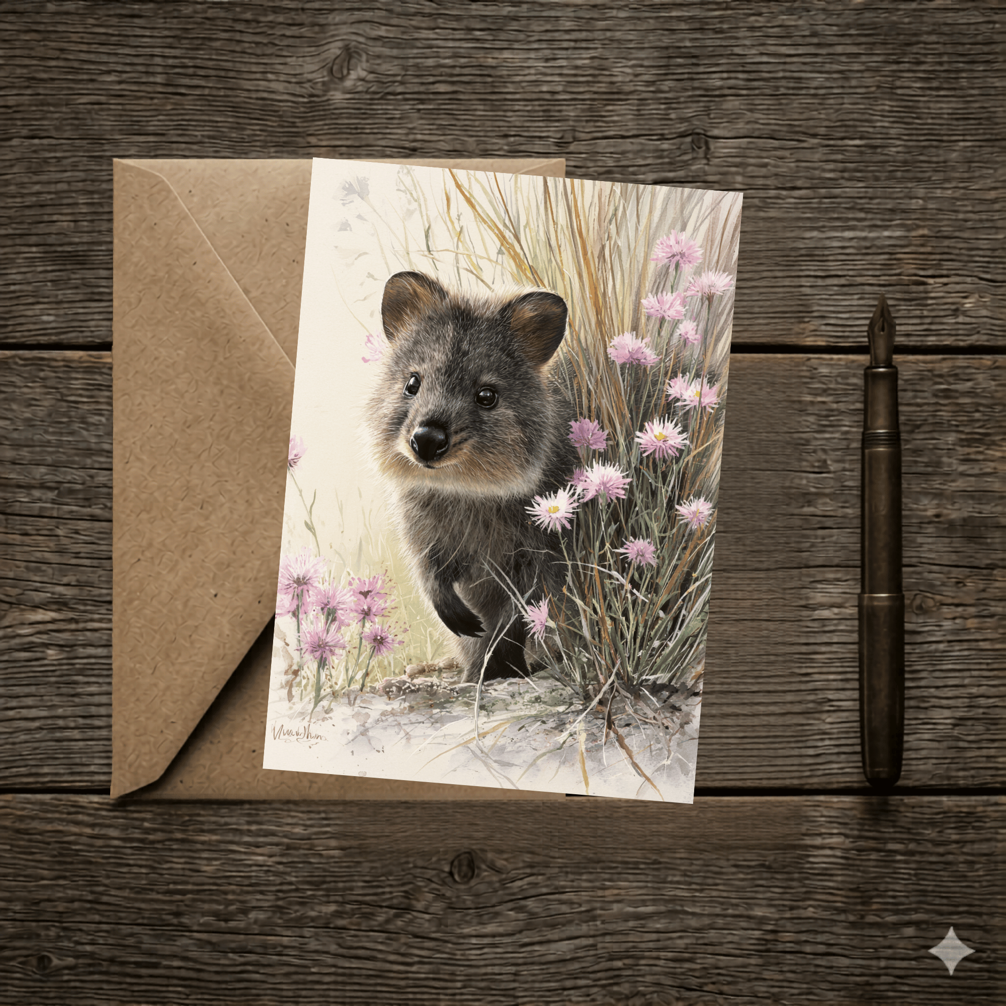 A 5x7 folded greeting card featuring a charming watercolor painting of a smiling quokka lifting its paw among pink daisy wildflowers. The artwork softly fades out into a clean cream-colored background with the gold ink Willow and Wag Australia logo on the back panel.