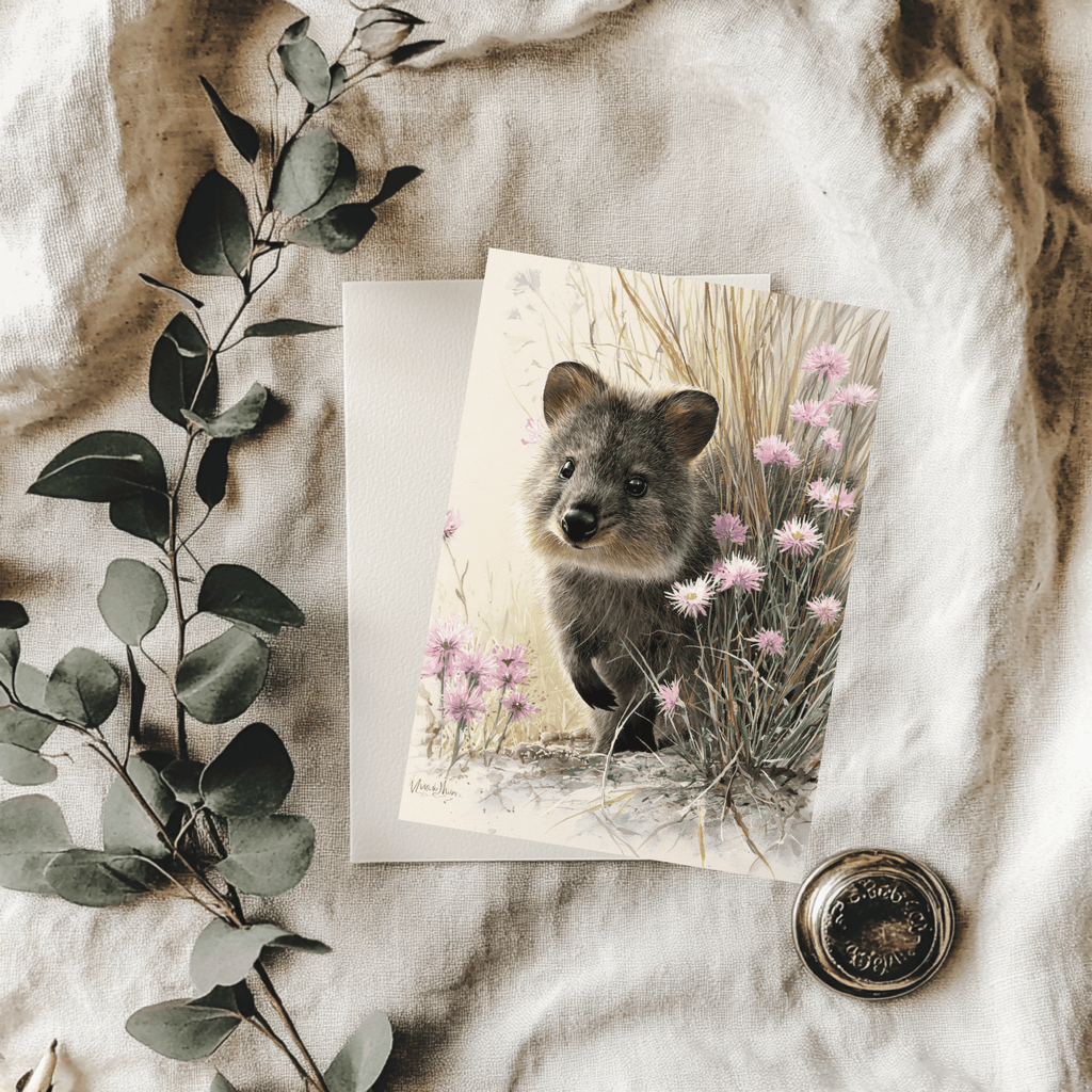 A 5x7 folded greeting card featuring a charming watercolor painting of a smiling quokka lifting its paw among pink daisy wildflowers. The artwork softly fades out into a clean cream-colored background with the gold ink Willow and Wag Australia logo on the back panel.