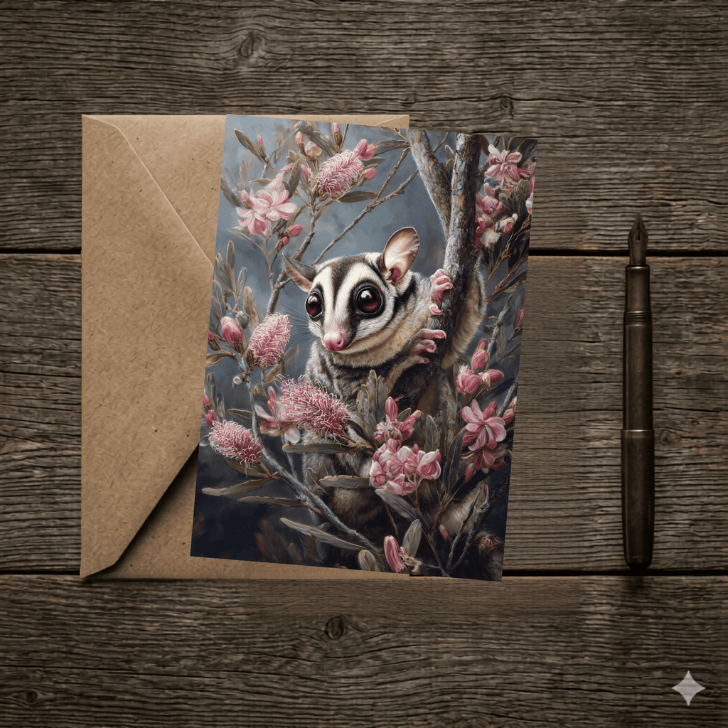 A 5x7 folded greeting card featuring a moody watercolor painting of a cute sugar glider clinging to a branch surrounded by pink grevillea blossoms. The artwork transitions smoothly to a textured charcoal back panel featuring the gold ink Willow and Wag Australia logo.