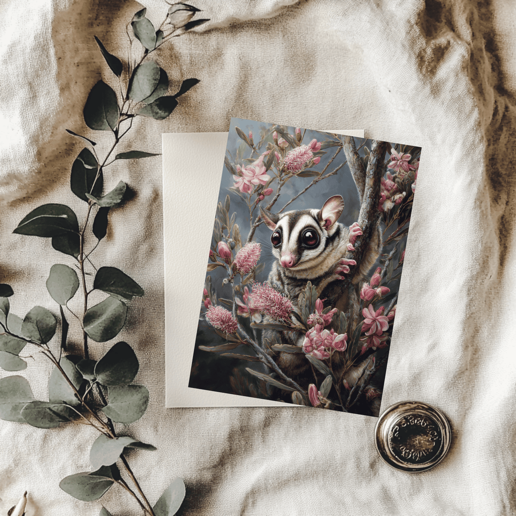 A 5x7 folded greeting card featuring a moody watercolor painting of a cute sugar glider clinging to a branch surrounded by pink grevillea blossoms. The artwork transitions smoothly to a textured charcoal back panel featuring the gold ink Willow and Wag Australia logo.