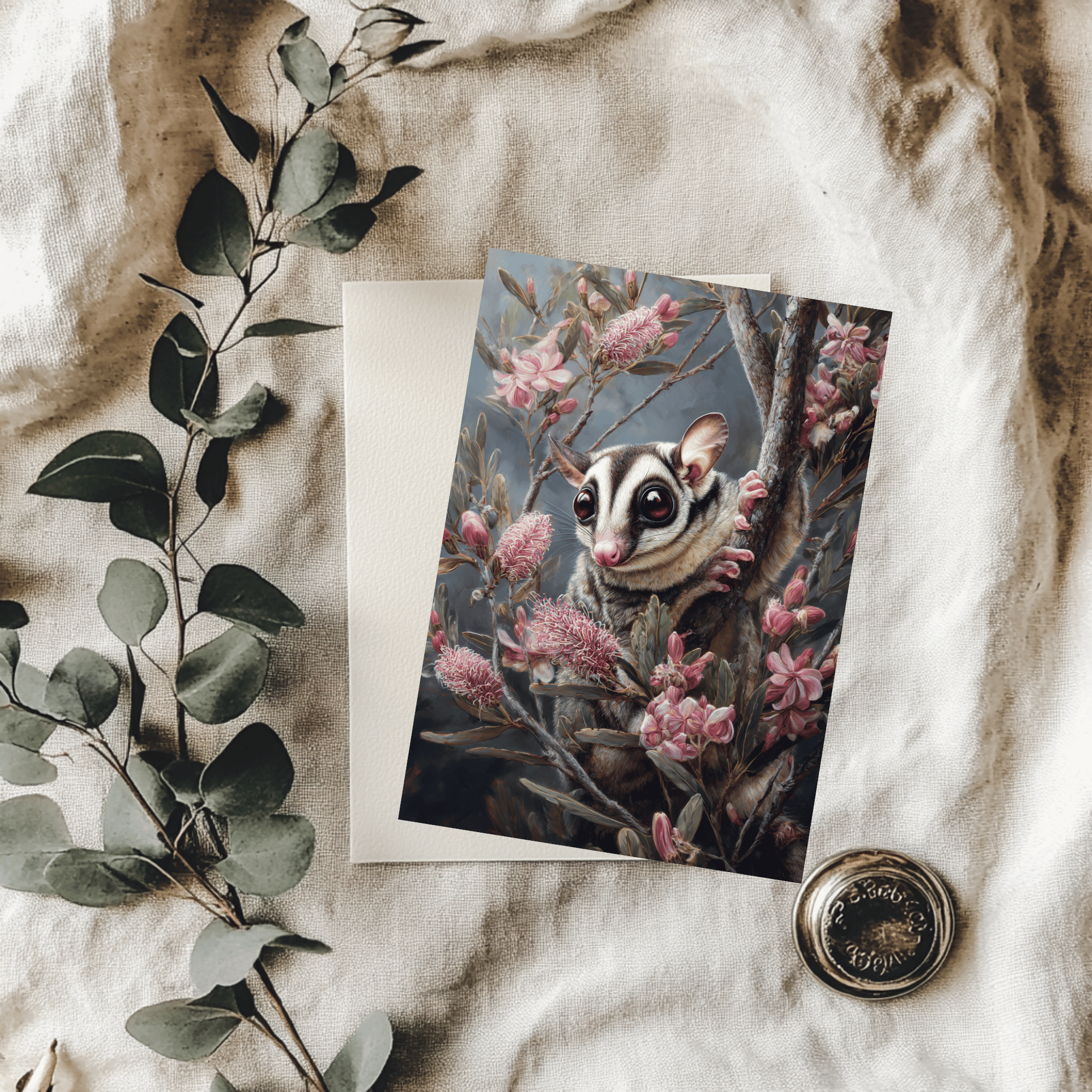 A 5x7 folded greeting card featuring a moody watercolor painting of a cute sugar glider clinging to a branch surrounded by pink grevillea blossoms. The artwork transitions smoothly to a textured charcoal back panel featuring the gold ink Willow and Wag Australia logo.