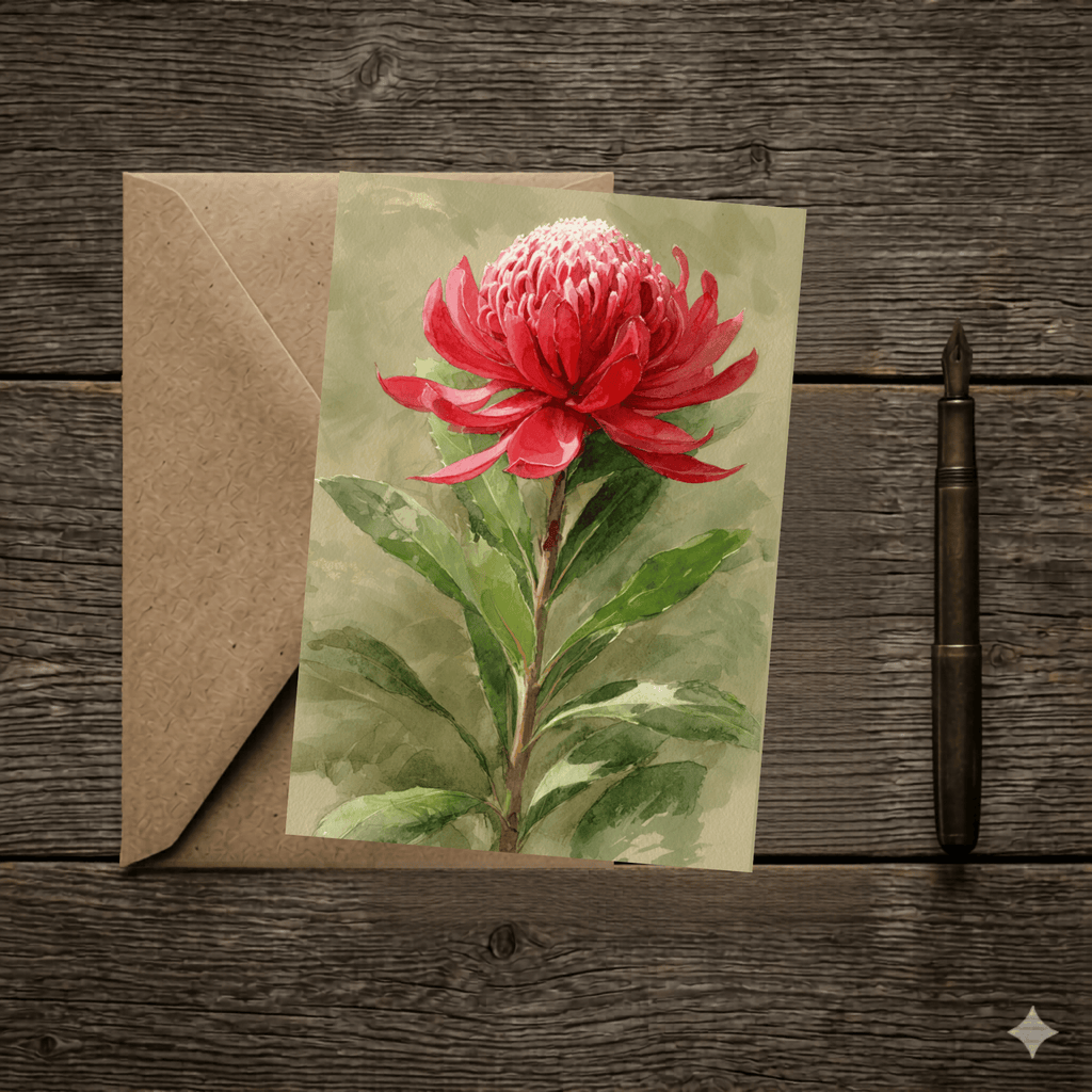 Greeting card with a red flower design on a wooden surface with an envelope.