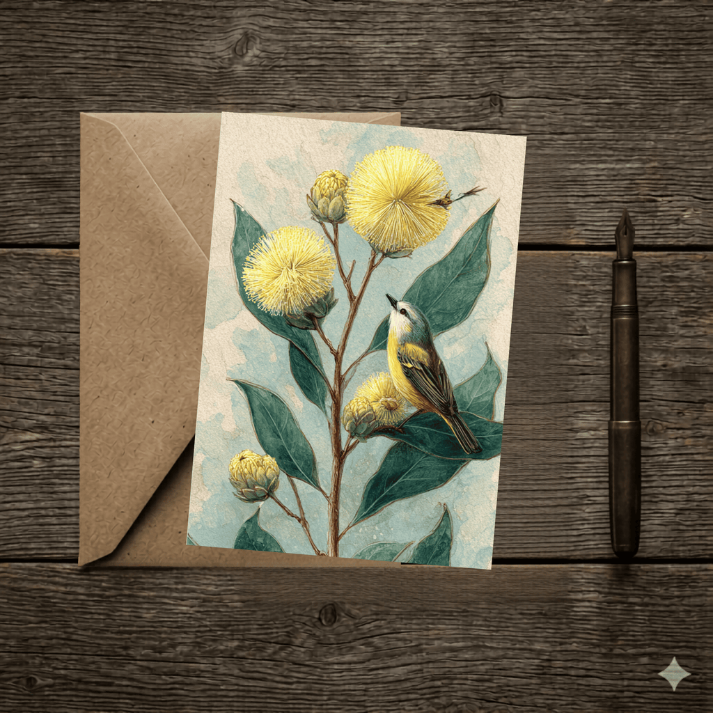 A 5x7 folded greeting card featuring a detailed watercolor illustration of golden Australian native Wattle blossoms with dark green leaves and a small native bird perched on a branch. The left panel shows a textured off-white finish with the Willow and Wag Australia logo printed in gold ink.