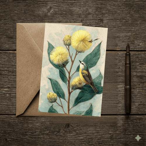 A 5x7 folded greeting card featuring a detailed watercolor illustration of golden Australian native Wattle blossoms with dark green leaves and a small native bird perched on a branch. The left panel shows a textured off-white finish with the Willow and Wag Australia logo printed in gold ink.