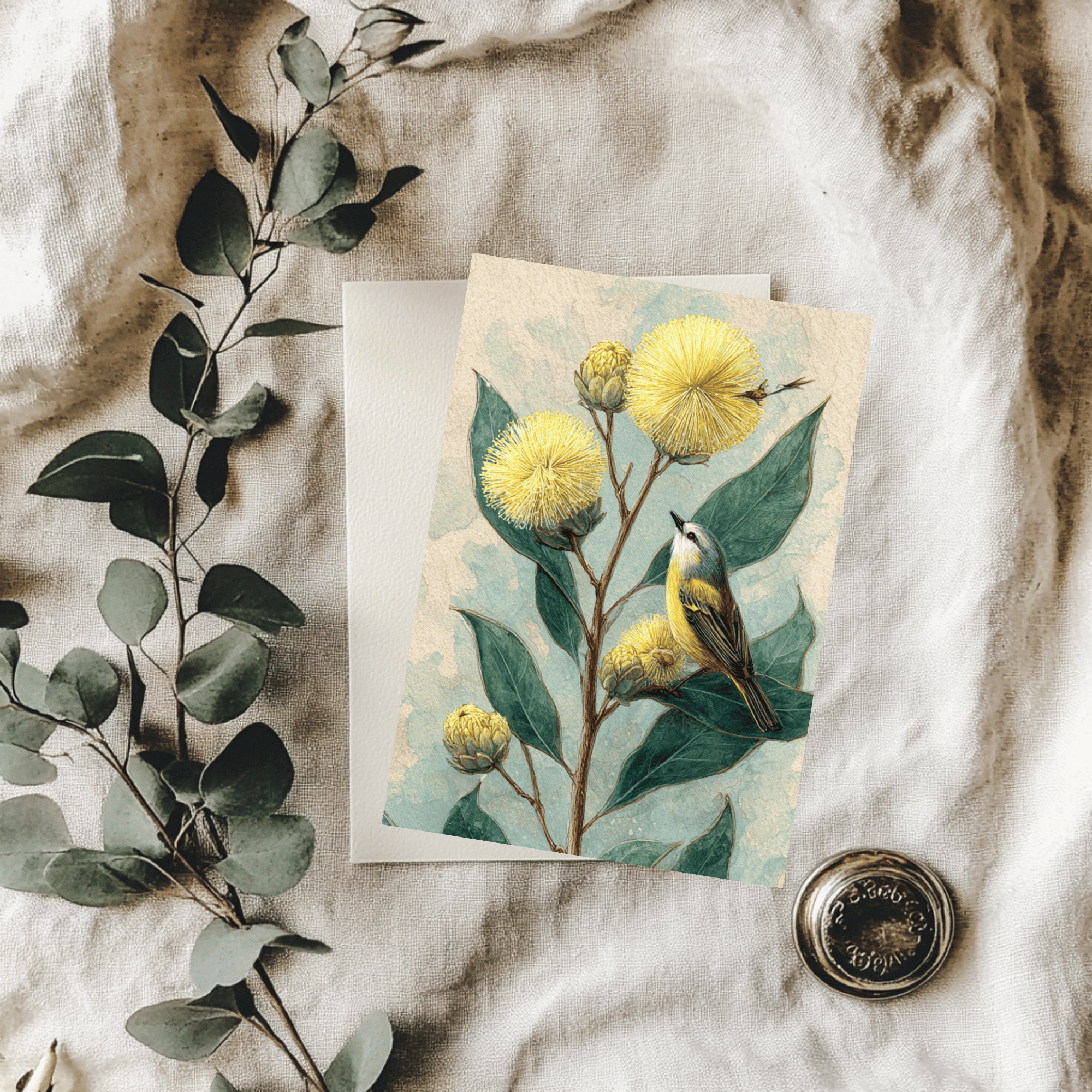 A 5x7 folded greeting card featuring a detailed watercolor illustration of golden Australian native Wattle blossoms with dark green leaves and a small native bird perched on a branch. The left panel shows a textured off-white finish with the Willow and Wag Australia logo printed in gold ink.