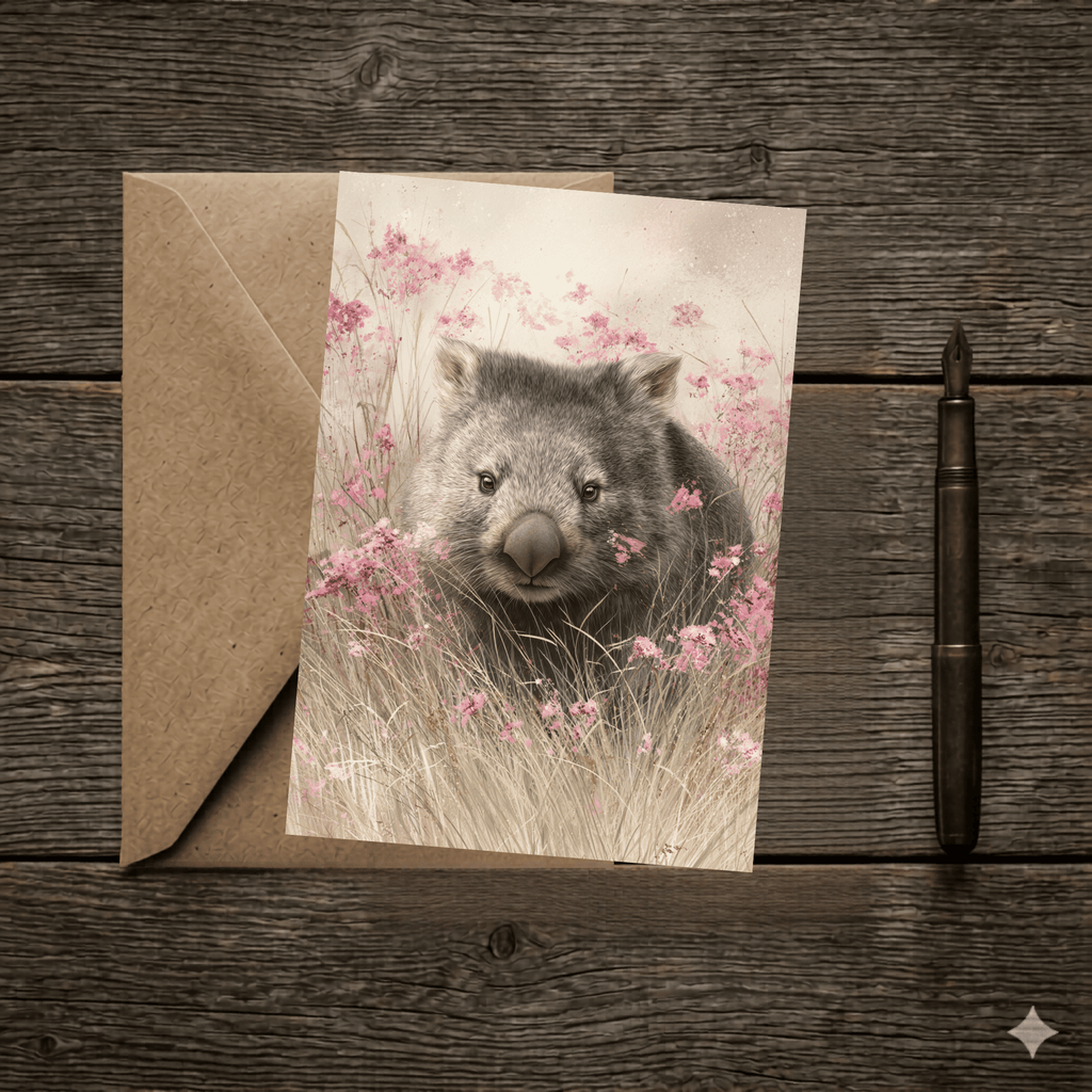 A 5x7 folded greeting card featuring a sweet watercolor painting of a cute wombat looking forward from a field of tall grass and pink heath wildflowers. The left panel shows a textured off-white finish with the gold ink Willow and Wag Australia logo.