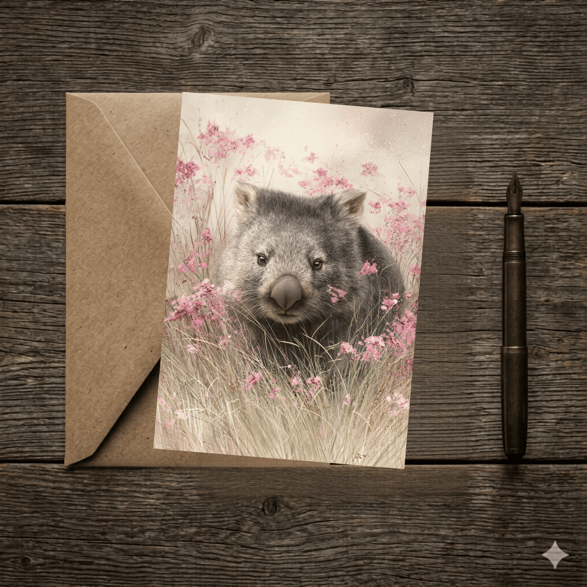 A 5x7 folded greeting card featuring a sweet watercolor painting of a cute wombat looking forward from a field of tall grass and pink heath wildflowers. The left panel shows a textured off-white finish with the gold ink Willow and Wag Australia logo.