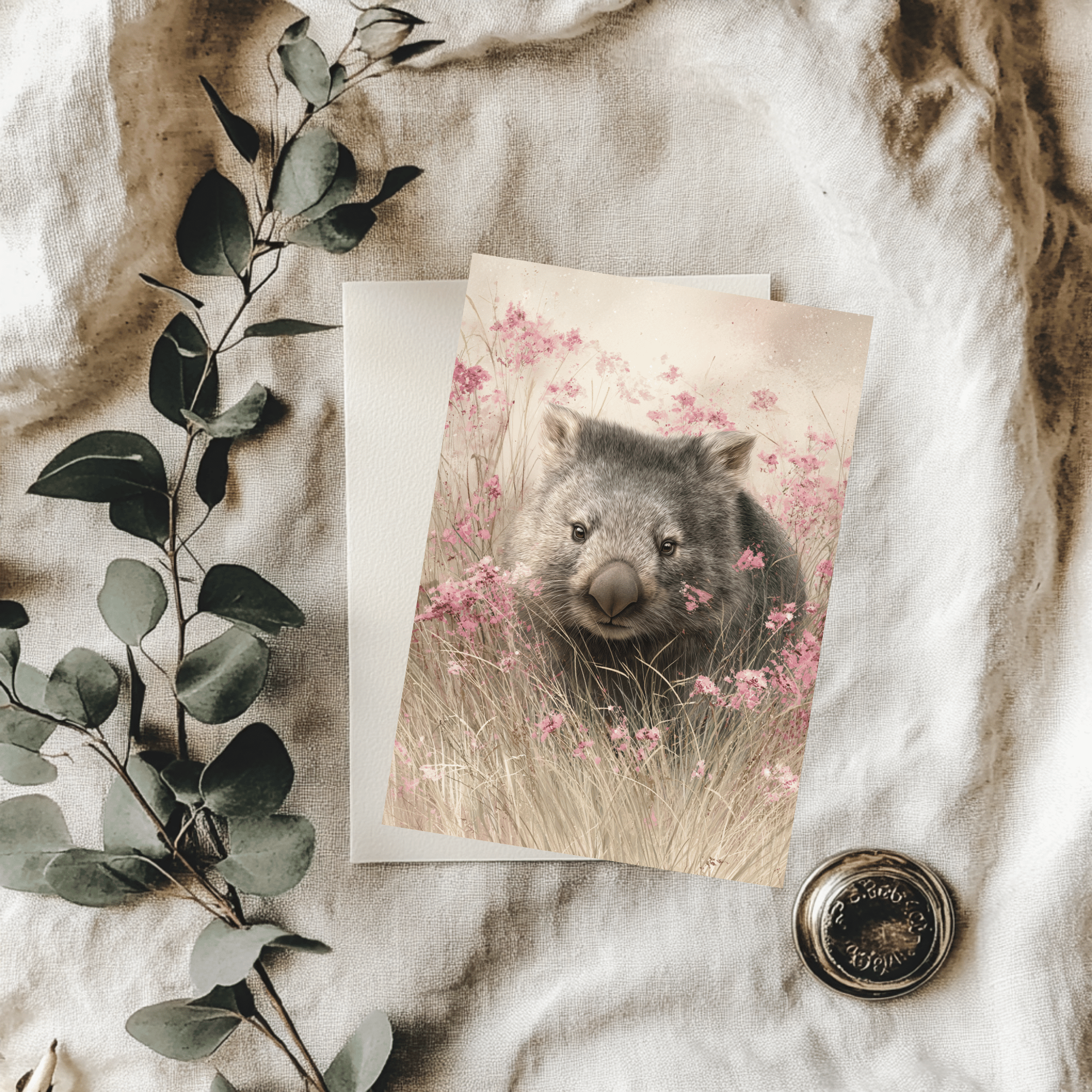 A 5x7 folded greeting card featuring a sweet watercolor painting of a cute wombat looking forward from a field of tall grass and pink heath wildflowers. The left panel shows a textured off-white finish with the gold ink Willow and Wag Australia logo.