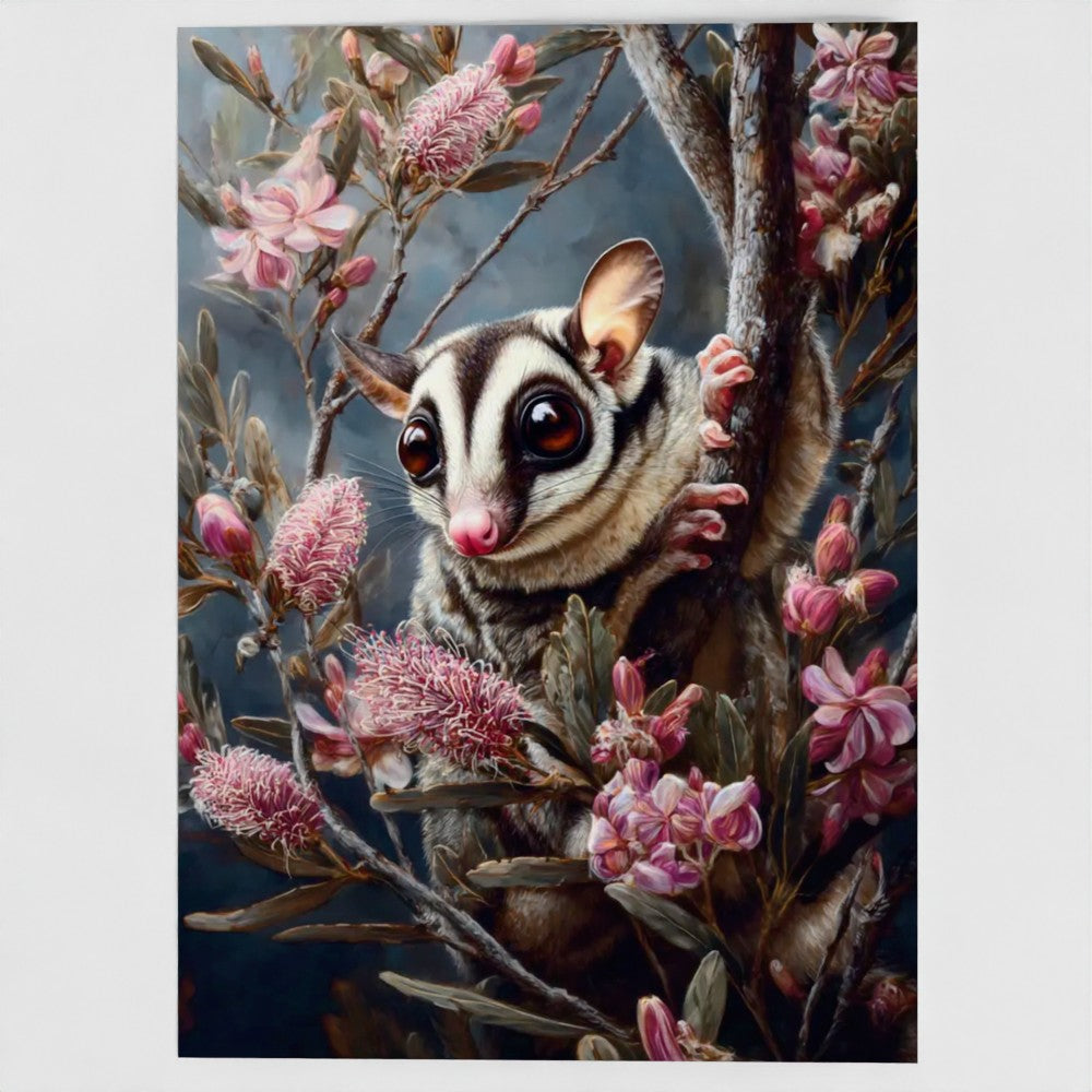 Midnight Sugar Glider & Pink Grevillea Greeting Card – Luxury Blank Stationery