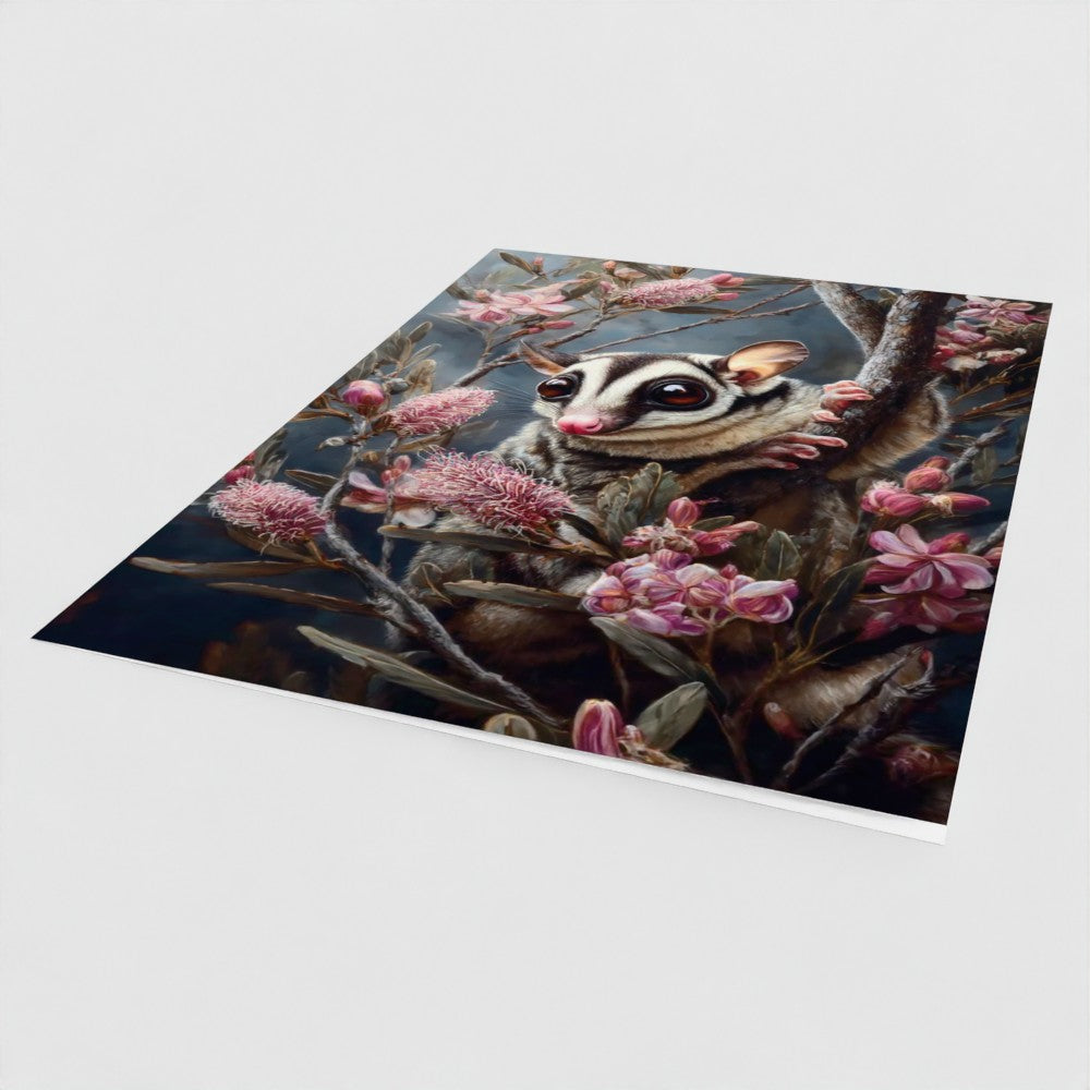 Midnight Sugar Glider & Pink Grevillea Greeting Card – Luxury Blank Stationery